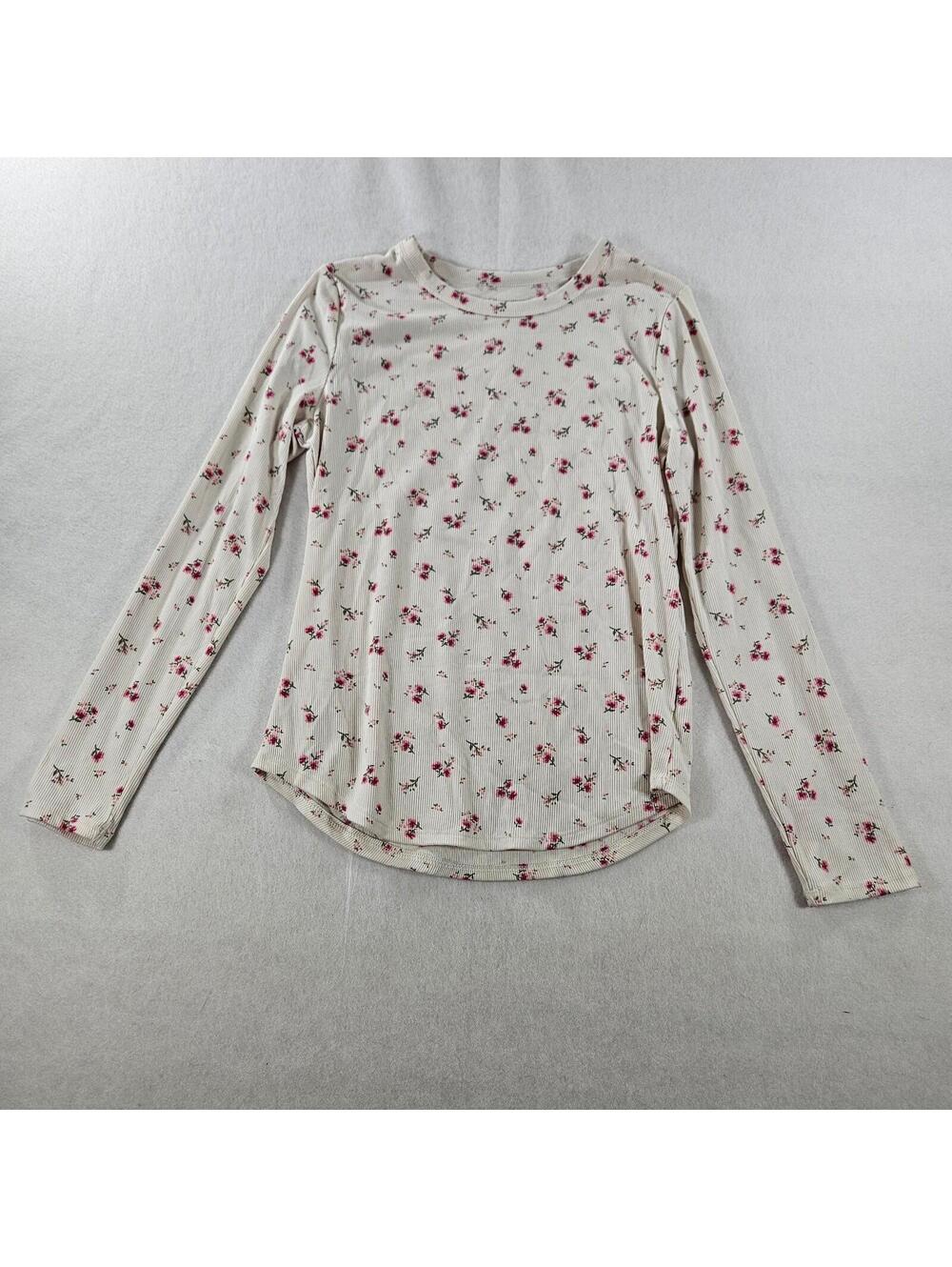 No Boundaries floral ribbed long sleeve top in cream with pink flowers